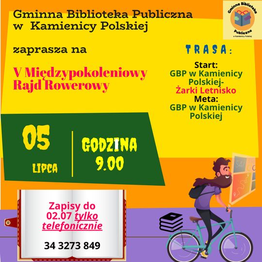 Gminna Biblioteka Publiczna w Kamienicy Polskiej serdecznie zaprasza na V Międzypokoleniowy Rajd Rowerowy! 🚴‍♂️