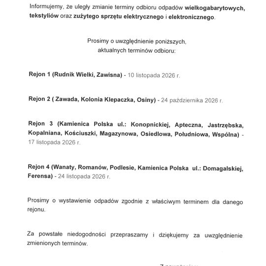 📌 HARMONOGRAM ODBIORU ODPADÓW KOMUNALNYCH: PAŹDZIERNIK - GRUDZIEŃ 2026 r. 📌