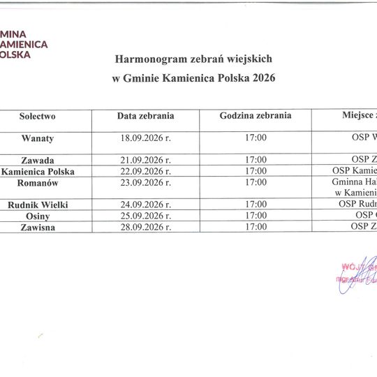 ❗Harmonogram zebrań wiejskich w Gminie Kamienica Polska 2026❗