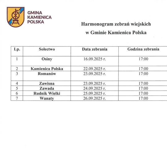 ℹ️ HARMONOGRAM ZEBRAŃ WIEJSKICH W GMINIE KAMIENICA POLSKA ℹ️