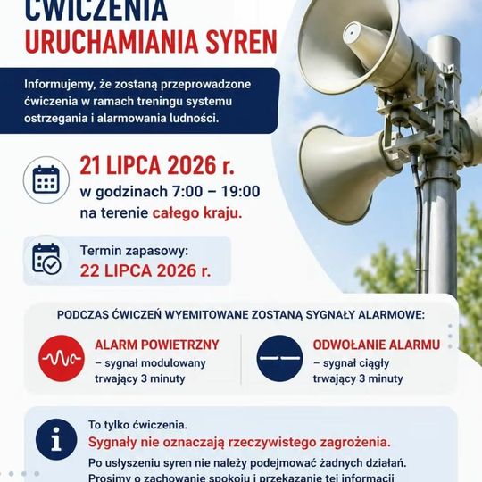 Informacja - ćwiczenia w ramach treningu systemu ostrzegania i alarmowania ludności