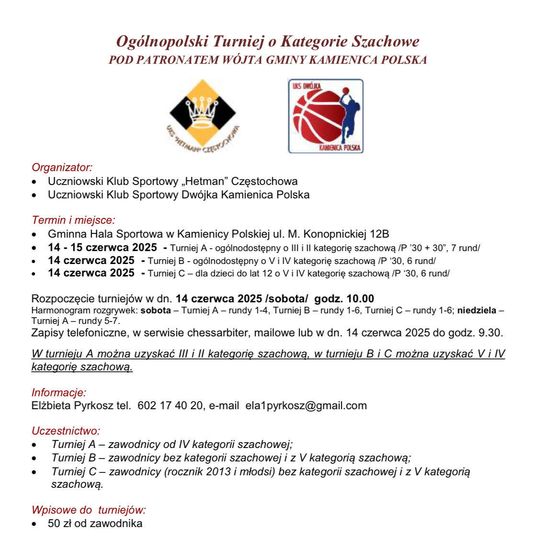 ♟️Ogólnopolski Turniej o Kategorie Szachowe pod patronatem Wójta Gminy Kamienica Polska♟️