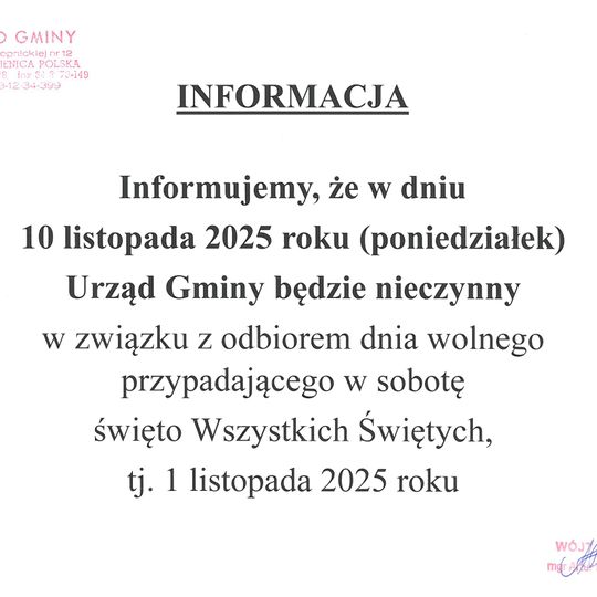 🛑 UWAGA! Urząd Gminy nieczynny 10 listopada (piątek)