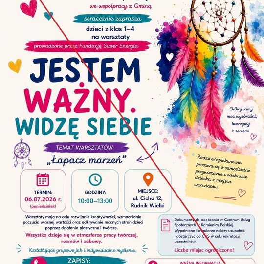 Warsztaty dla dzieci pt.: „Wiem, kim jestem i dokąd zmierzam” oraz „Jestem ważny. Widzę siebie.” zostają odwołane.