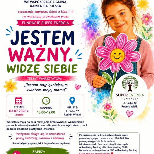 Wspólnie z Centrum Usług Społecznych w Kamienicy Polskiej serdecznie zapraszamy dzieci na warsztaty prowadzone przez Fundację Super Energia