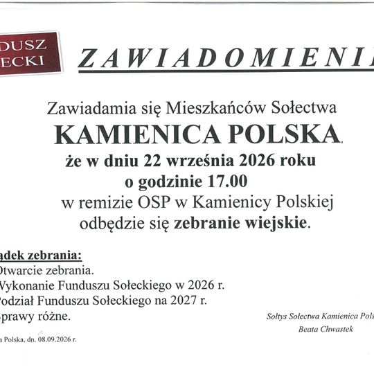 ❗Zebranie wiejskie Sołectwa Kamienica Polska ❗