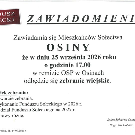 ❗Zebranie wiejskie Sołectwa Osiny ❗
