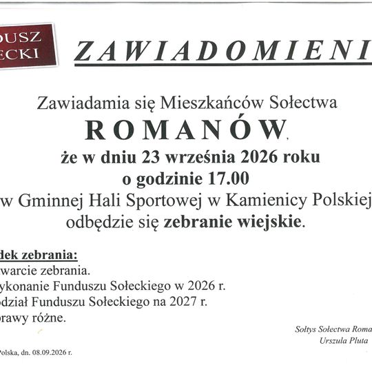 ❗Zebranie wiejskie Sołectwa Romanów ❗