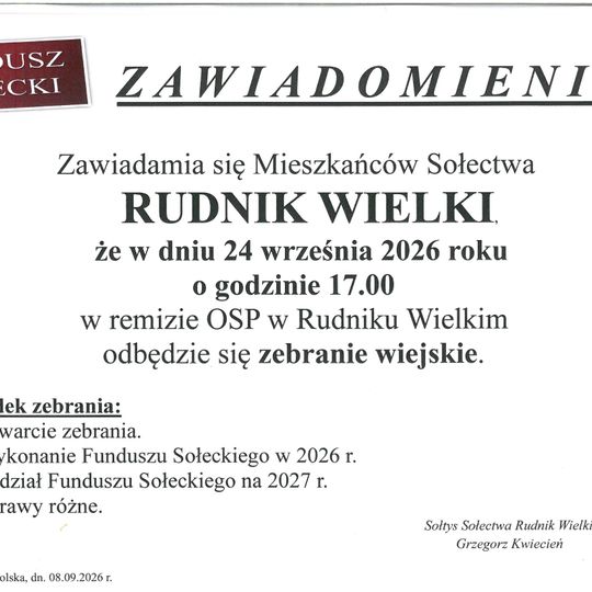 ❗Zebranie wiejskie Sołectwa Rudnik Wielki ❗