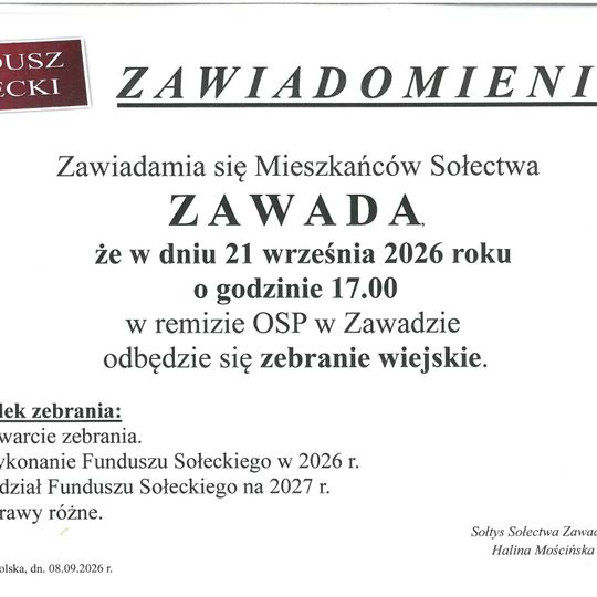 ❗Zebranie wiejskie Sołectwa Zawada ❗