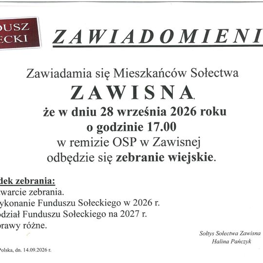 ❗Zebranie wiejskie Sołectwa Zawisna ❗