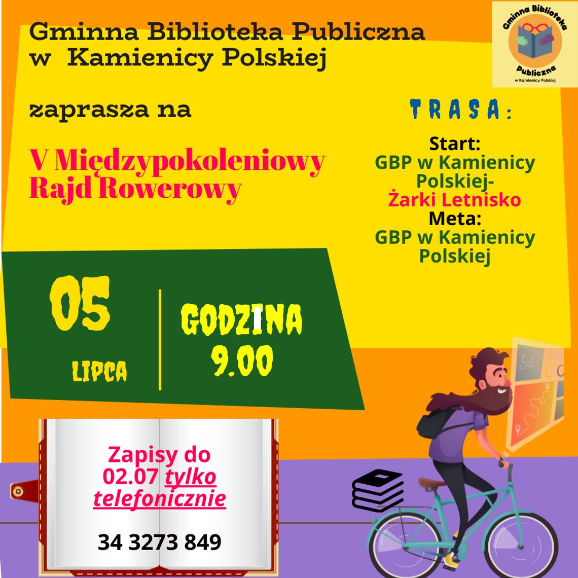 Gminna Biblioteka Publiczna w Kamienicy Polskiej serdecznie zaprasza na V Międzypokoleniowy Rajd Rowerowy! 🚴‍♂️