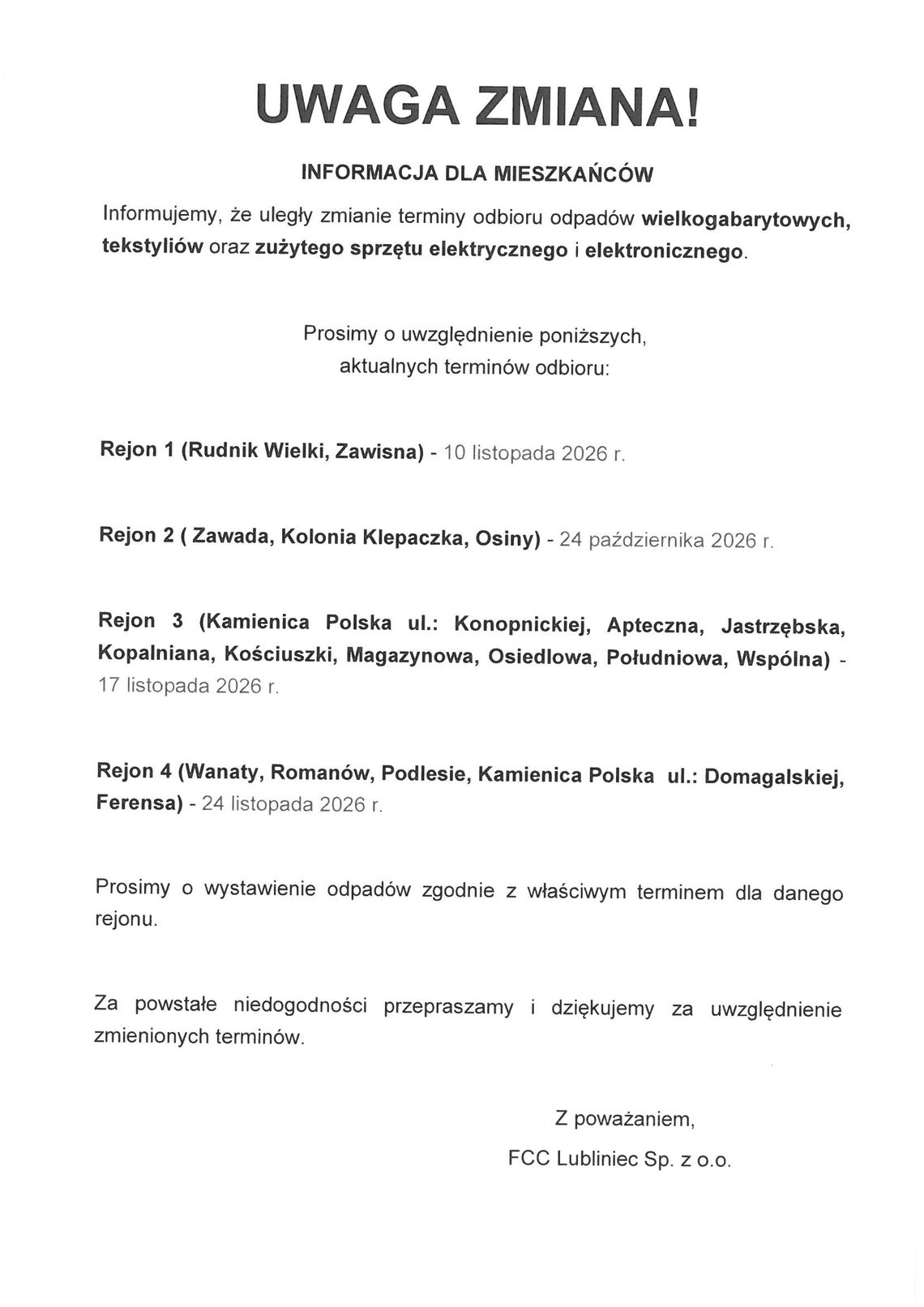 📌 HARMONOGRAM ODBIORU ODPADÓW KOMUNALNYCH: PAŹDZIERNIK - GRUDZIEŃ 2026 r. 📌
