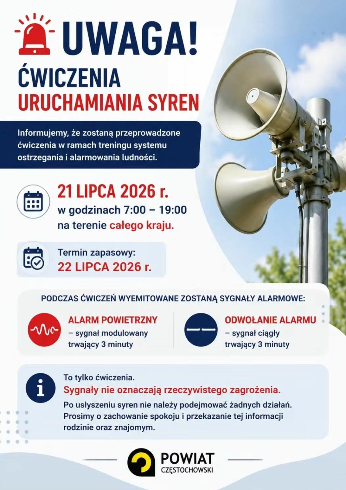 Informacja - ćwiczenia w ramach treningu systemu ostrzegania i alarmowania ludności Informacja - ćwiczenia w ramach treningu systemu ostrzegania i alarmowania ludności