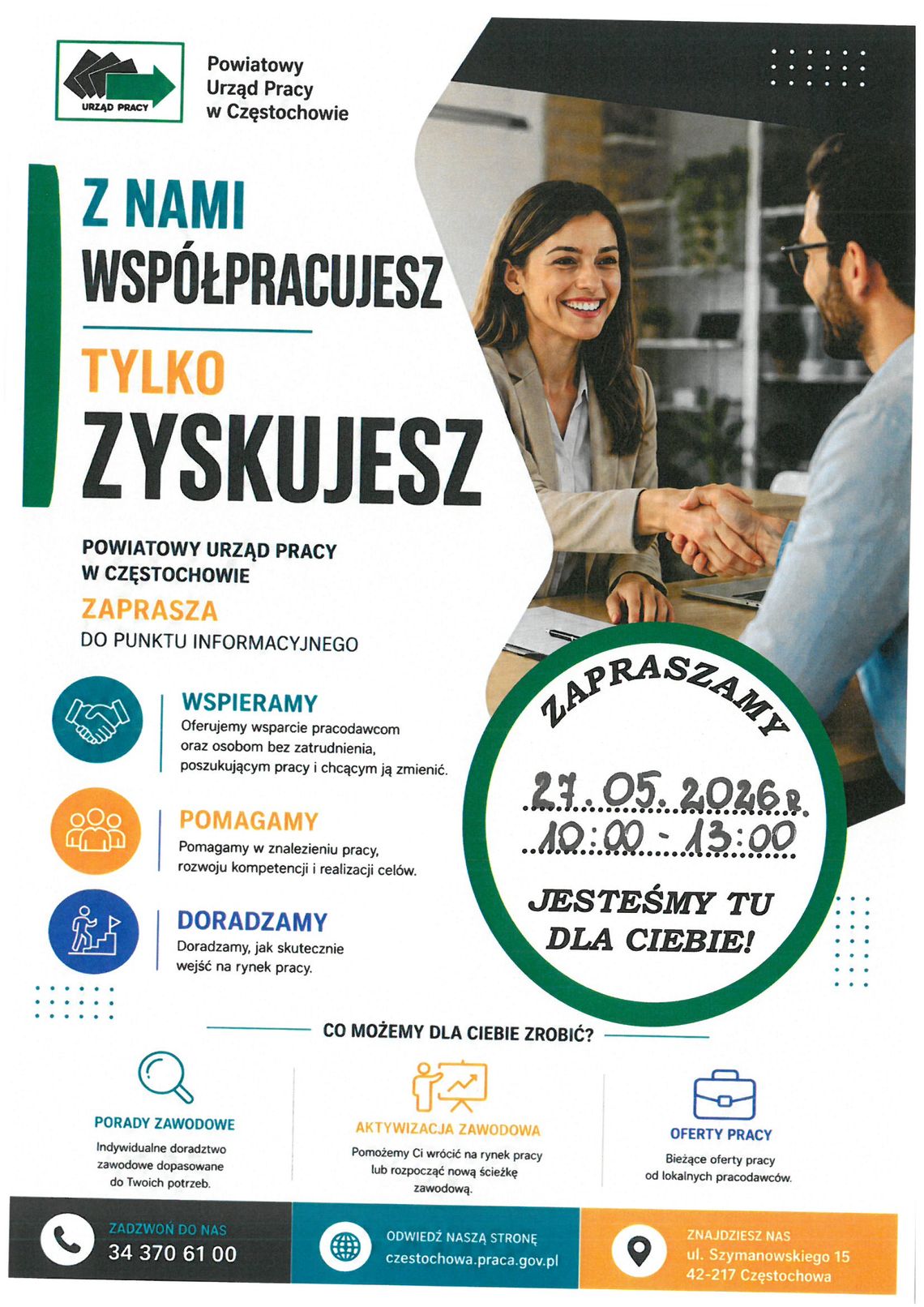Powiatowy Urząd Pracy w Częstochowie zaprasza na spotkanie w Urzędzie Gminy w Kamienicy Polskiej