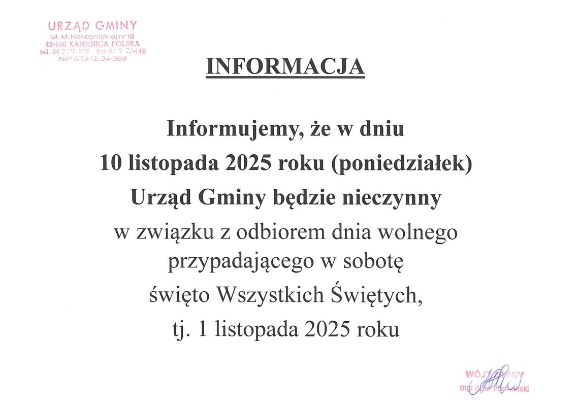 🛑 UWAGA! Urząd Gminy nieczynny 10 listopada (piątek)