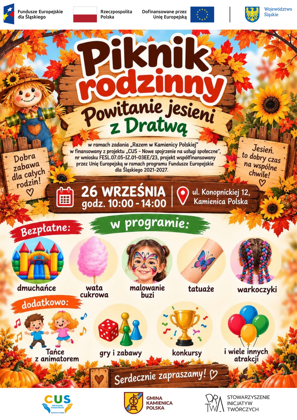 🍁 Zapraszamy na Piknik Rodzinny " Powitanie jesieni z Dratwą" 🍁 🍁 Zapraszamy na Piknik Rodzinny " Powitanie jesieni z Dratwą" 🍁
