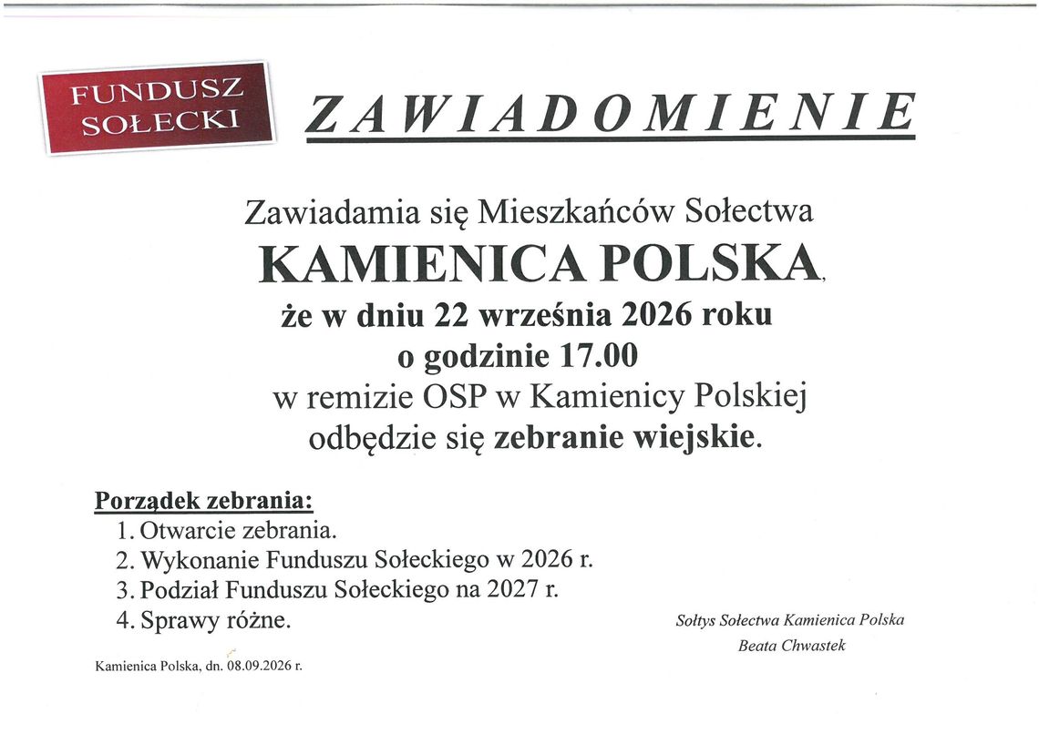 ❗Zebranie wiejskie Sołectwa Kamienica Polska ❗ ❗Zebranie wiejskie Sołectwa Kamienica Polska ❗