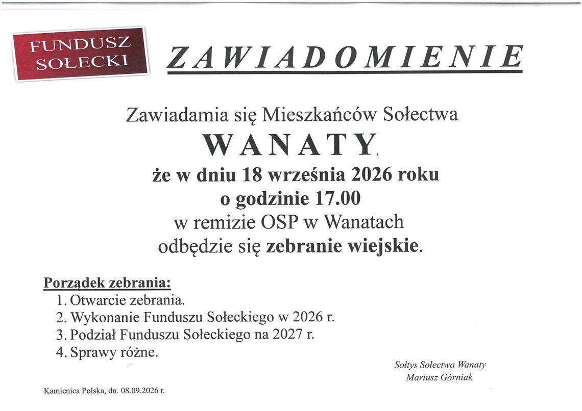 ❗❗ ZEBRANIE WIEJSKIE SOŁECTWA WANATY ❗❗ ❗❗ ZEBRANIE WIEJSKIE SOŁECTWA WANATY ❗❗