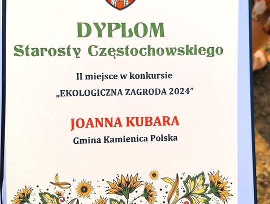 Dyplom Starosty Częstochowskiego dla Pani Joanny Kubary