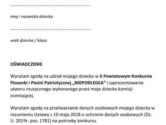Zgoda rodzica/opiekuna prawnego na udział dziecka w konkursie